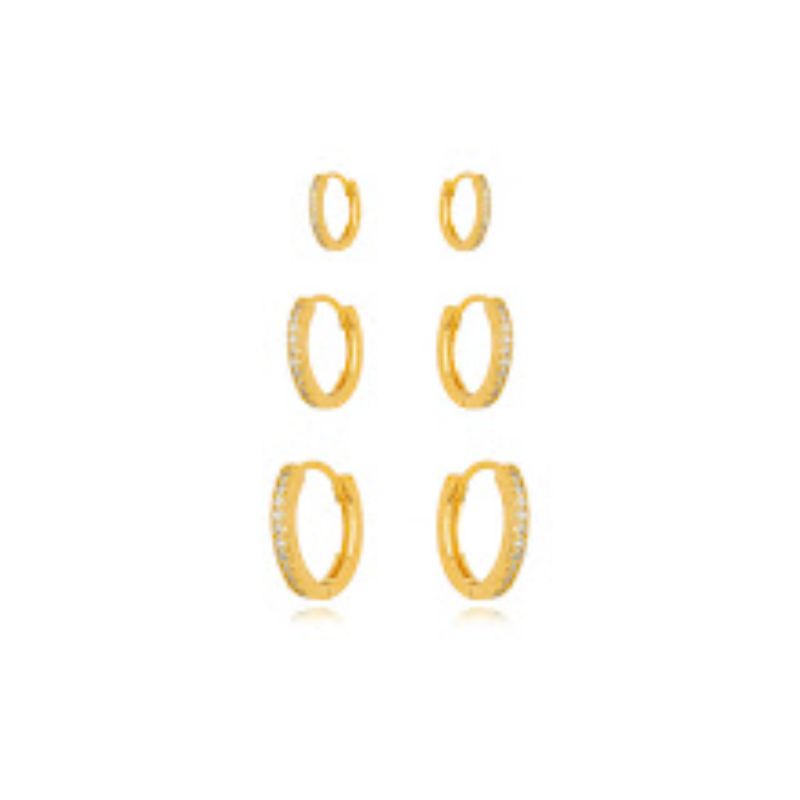 BRINCOS TRIO DE ARGOLAS CRAVEJADAS (FILEIRA ÚNICA)  BANHO DE OURO 18K
