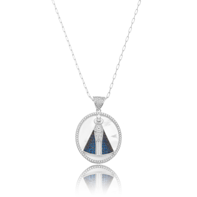 COLAR NOSSA SENHORA APARECIDA CRAVEJADO EM BANHO DE RÓDIO BRANCO