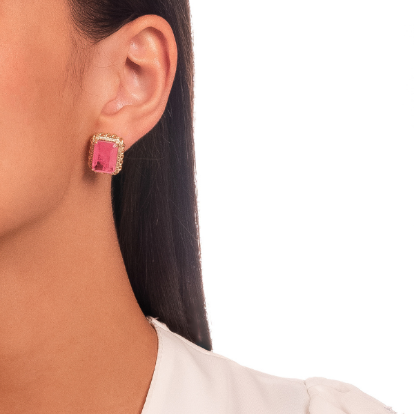 CONJUNTO RETANGULAR CRISTAL ROSA VIBRANTE E MICROZIRCÔNIAS BANHO OURO 18K