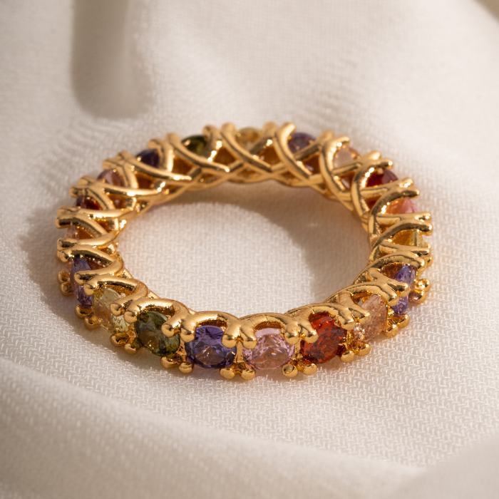 ANEL ETERNITY RAINBOW COM GARRAS ENTRELAÇADAS -  BANHO OURO 18K