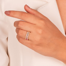 ANEL AJUSTÁVEL BAGUETES BICOLOR  ROSA E CRISTAL EM BANHO DE OURO 18K