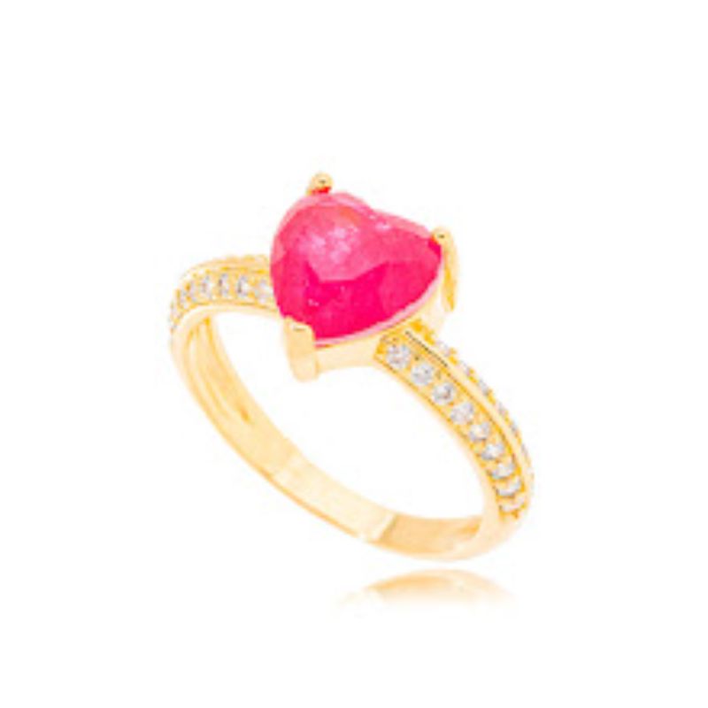 ANEL CORAÇÃO CRAVEJADO RUBI FUSION EM BANHO DE OURO 18K