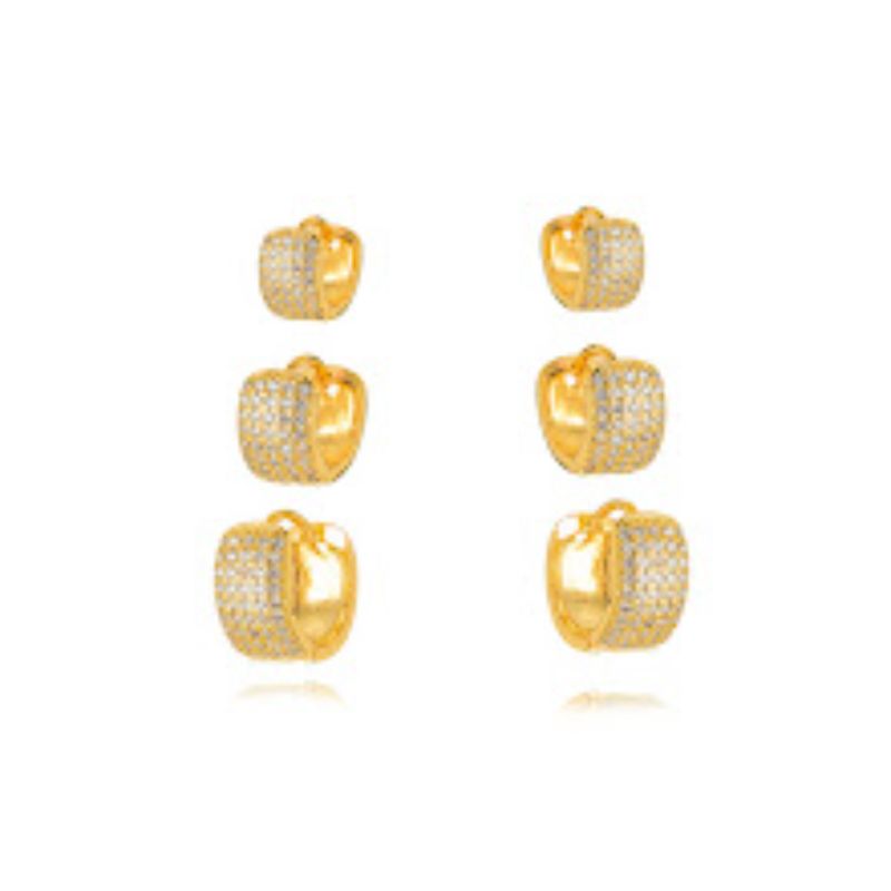 BRINCOS TRIO DE ARGOLAS ABAULADAS CRAVEJADAS - BANHO DE OURO 18K