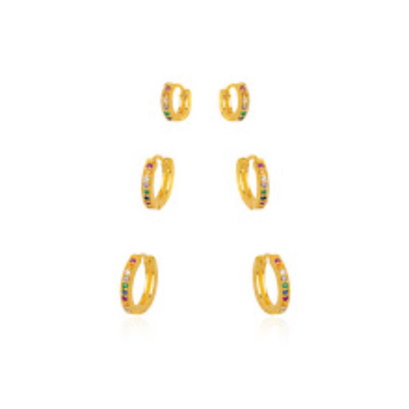 BRINCOS TRIO DE ARGOLAS CRAVEJADAS COLORIDAS  BANHO DE OURO 18K