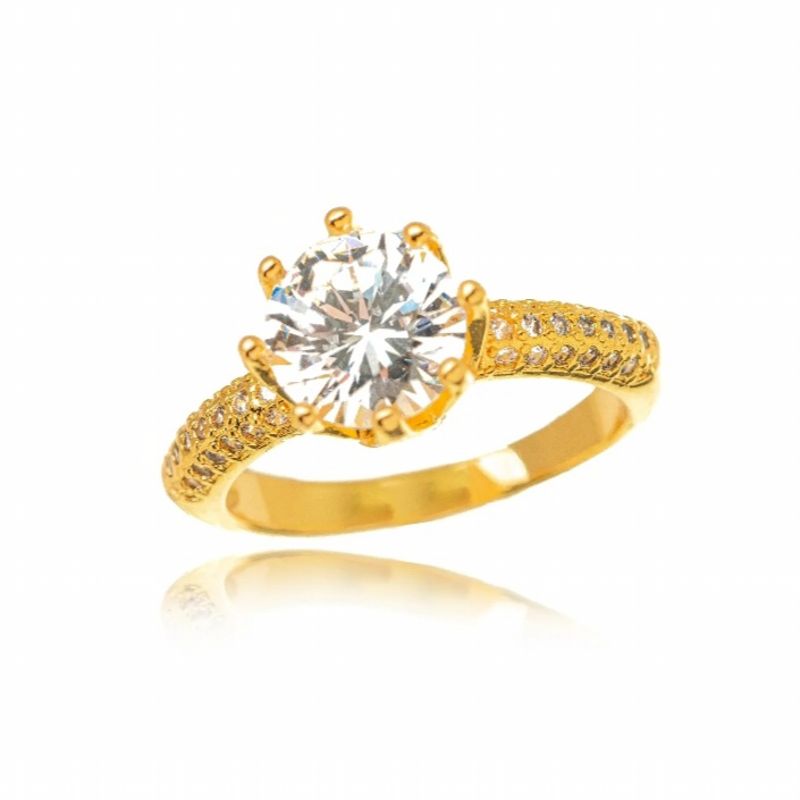 ANEL SOLITÁRIO CLÁSSICO COM CRAVAÇÃO PAVÊ EM BANHO DE OURO 18K