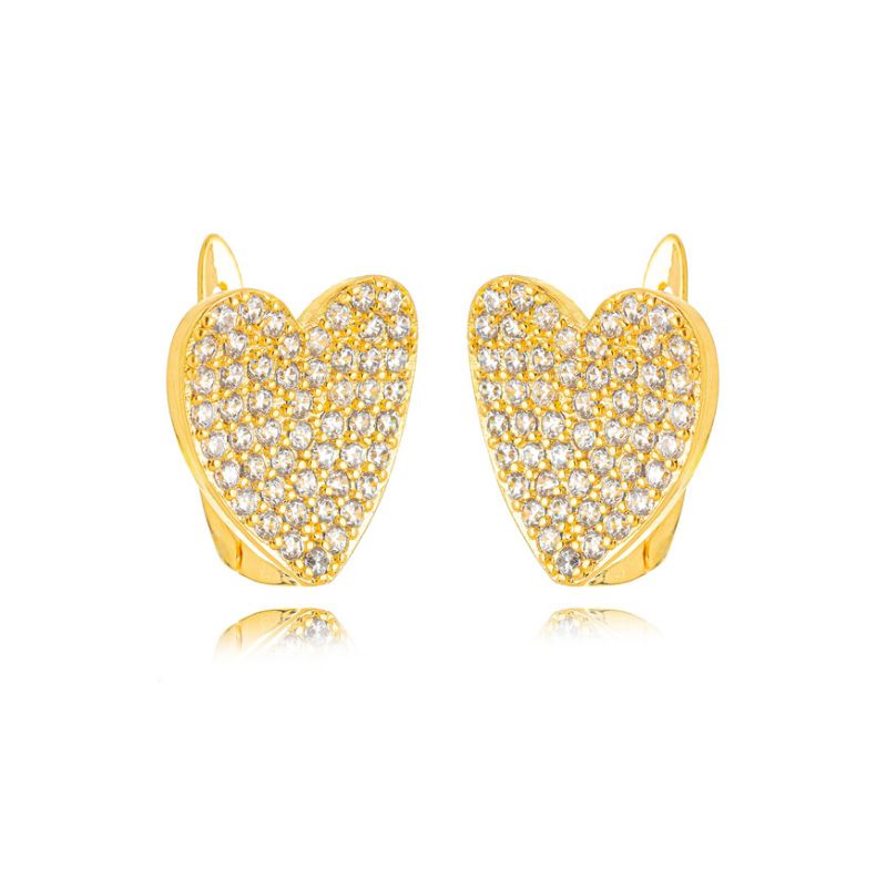 BRINCO ARGOLA CORAÇÃO PAVÊ - BANHO DE OURO 18K