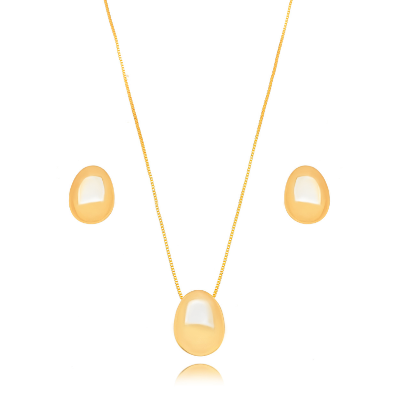 CONJUNTO OVAL LISO EM BANHO DE OURO 18K