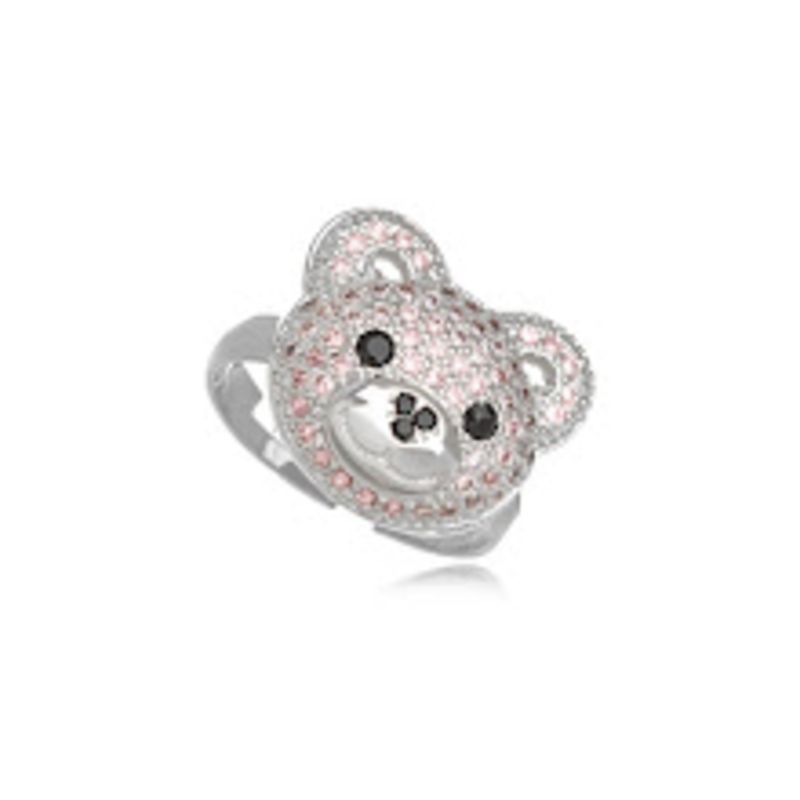 ANEL TEDDY BEAR CRAVEJADO COM ZIRCÔNIA ROSA E ÔNIX EM BANHO DE RÓDIO BRANCO