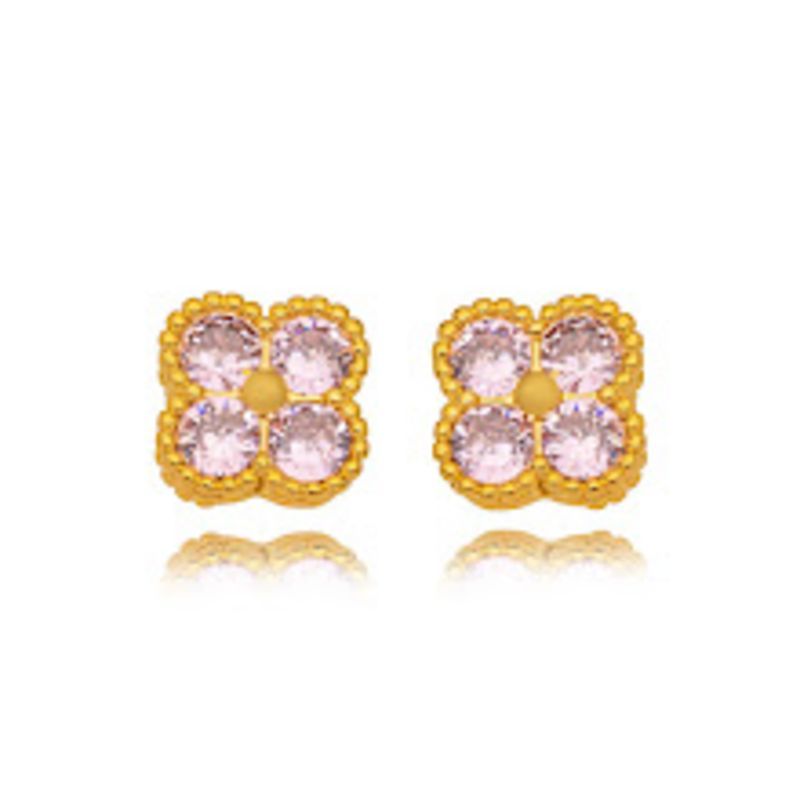 BRINCO FLOR QUARTZO ROSA EM BANHO DE OURO 18K