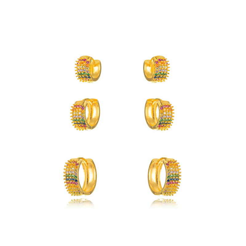 BRINCO TRIO DE ARGOLAS ABAULADAS COLORIDAS - BANHO DE OURO 18K