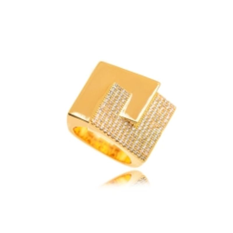 ANEL STATEMENT QUADRADO LUX - DESIGN GEOMÉTRICO E CRAVEJADO EM BANHO DE OURO 18K