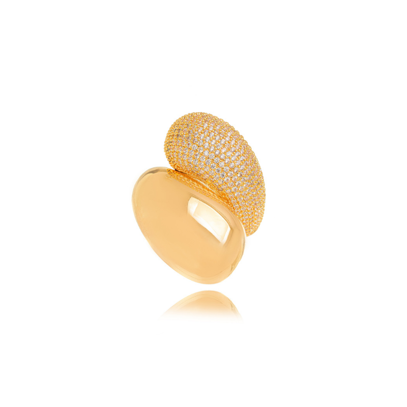 ANEL DUAL GOTAS ORGÂNICAS - LISO E PAVÊ EM BANHO DE OURO 18K