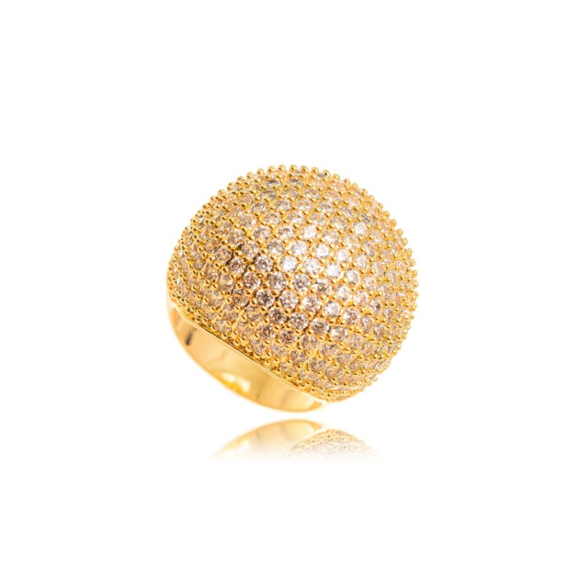 ANEL DE LUXO ABAULADO COM MICROZIRCÔNIAS CRISTAL - BANHO DE OURO 18K