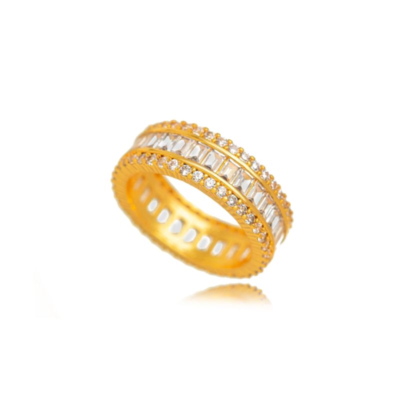 ANEL PREMIUM MICRO ZIRCÔNIA BAGUETES E REDONDAS EM BANHO DE OURO 18K