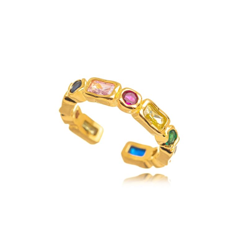 ANEL CRISTAIS COLOR EM BANHO DE OURO 18K