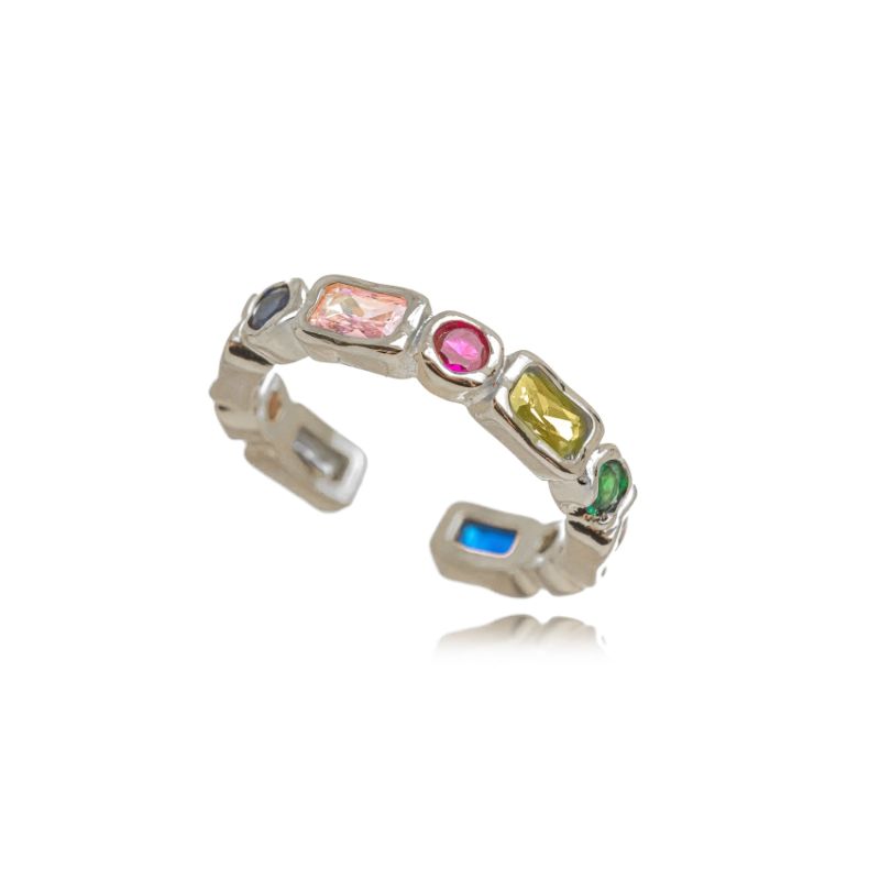 ANEL CRISTAIS COLOR EM BANHO RÓDIO BRANCO