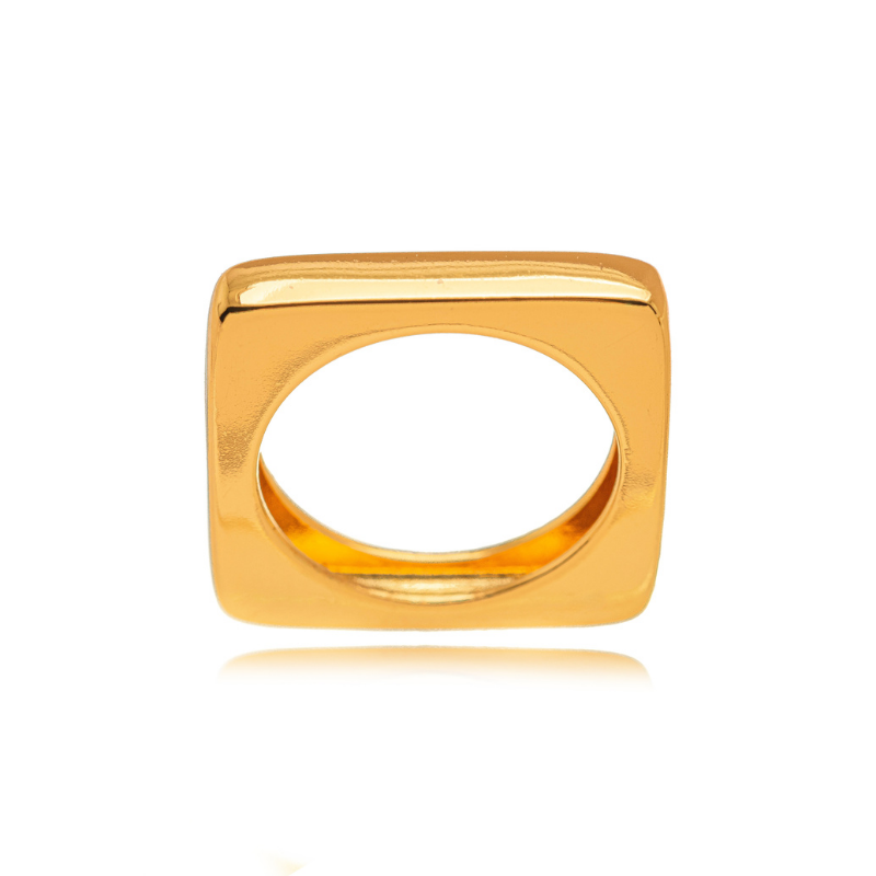ANEL QUADRADO LISO COM DESIGN GEOMÉTRICO EM BANHO DE OURO 18K