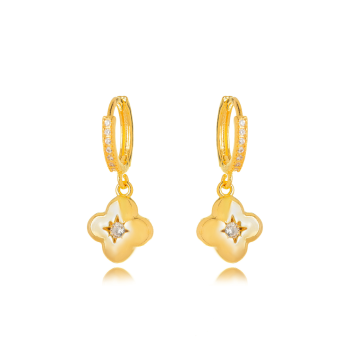 BRINCO DE ARGOLA COM PINGENTE TREVO EM ZIRCÔNIA BANHO DE OURO 18K