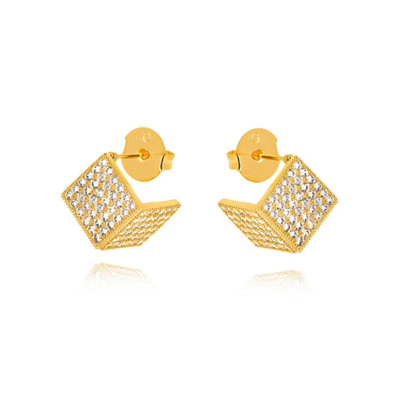 BRINCO MEIA ARGOLA QUADRADA CRAVEJADA - BANHO DE OURO 18K
