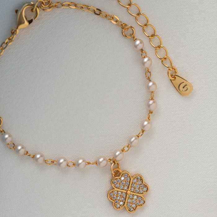 PULSEIRA PÉROLA TREVO MICRO ZIRCÔNIA EM BANHO DE OURO 18K