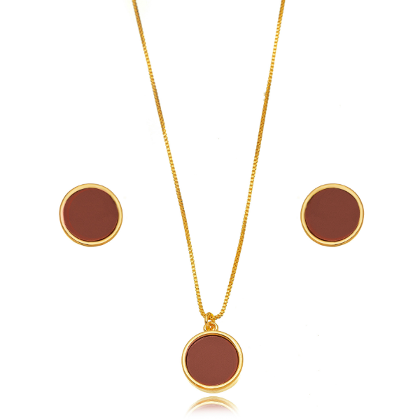CONJUNTO COLAR E BRINCOS BOTÃO MARROM EM BANHO DE OURO 18K