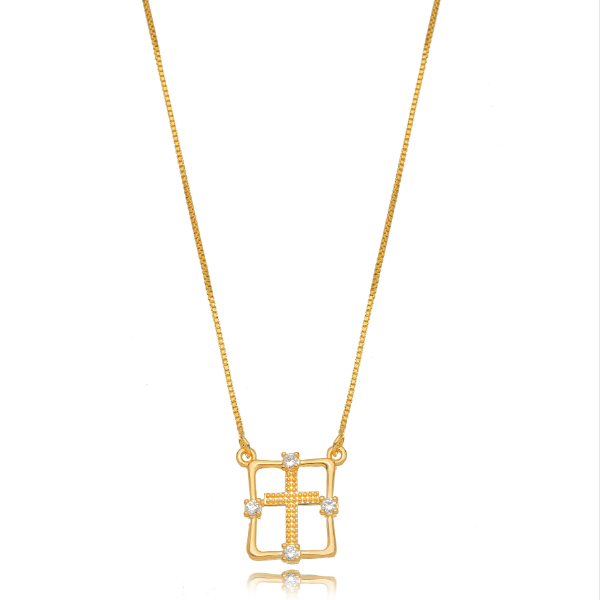 COLAR VENEZIANA COM PINGENTE QUADRADO VAZADO E CRUZ CENTRAL EM BANHO DE OURO 18K