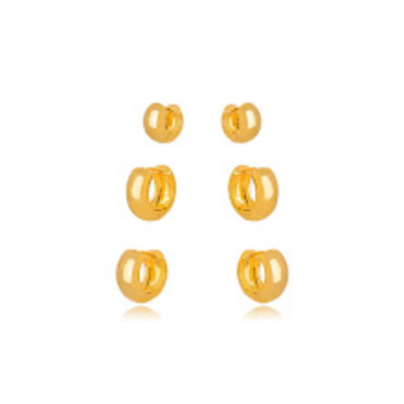 BRINCO TRIO DE ARGOLAS ABAULADAS LISAS - BANHO DE OURO 18K