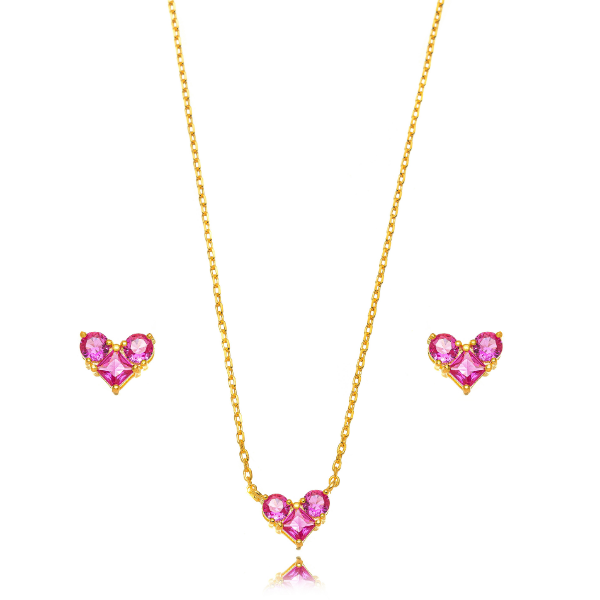 CONJUNTO COLAR E BRINCOS CORAÇÃO TRILOGY EM BANHO DE OURO 18K