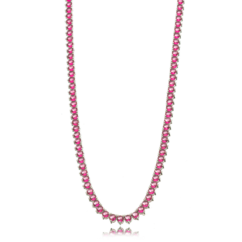 COLAR CHOKER RIVIERA 3 GARRAS TRAMA RIGIDA COM ZIRCÔNIA PINK EM BANHO DE RÓDIO BRANCO