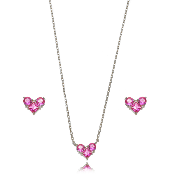 CONJUNTO COLAR E BRINCOS CORAÇÃO TRILOGY PINK EM BANHO DE RÓDIO BRANCO