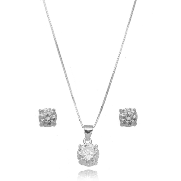 CONJUNTO COLAR E BRINCOS PONTO DE LUZ EM PRATA 925 COM MOISSANITES