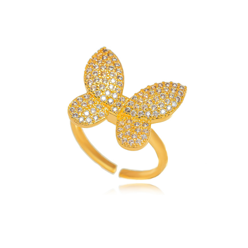 ANEL BORBOLETA RADIANT CRAVEJADA COM  MICROZIRCÔNIAS - BANHO DE OURO 18K