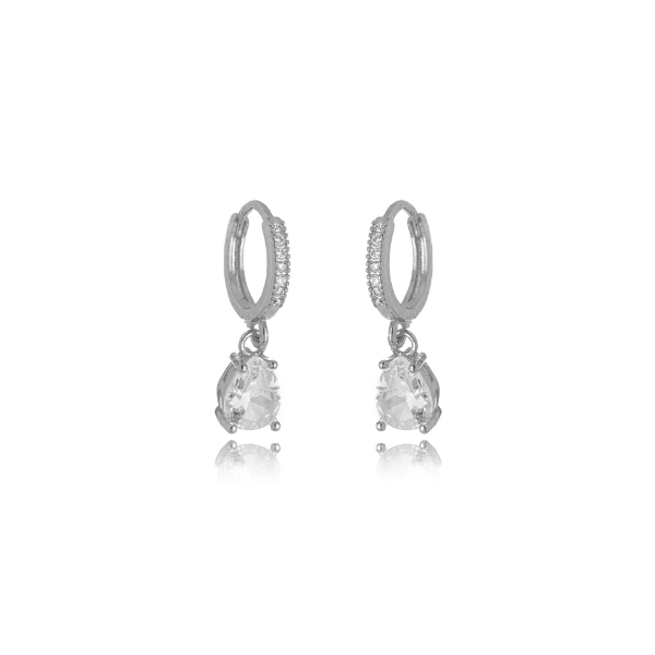 BRINCO ARGOLA CLICK COM PINGENTE GOTA DE ZIRCÔNIA BANHO RÓDIO BRANCO