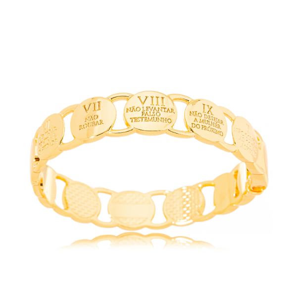 PULSEIRA BRACELETE RÍGIDO DEZ MANDAMENTOS EM BANHO DE OURO 18K