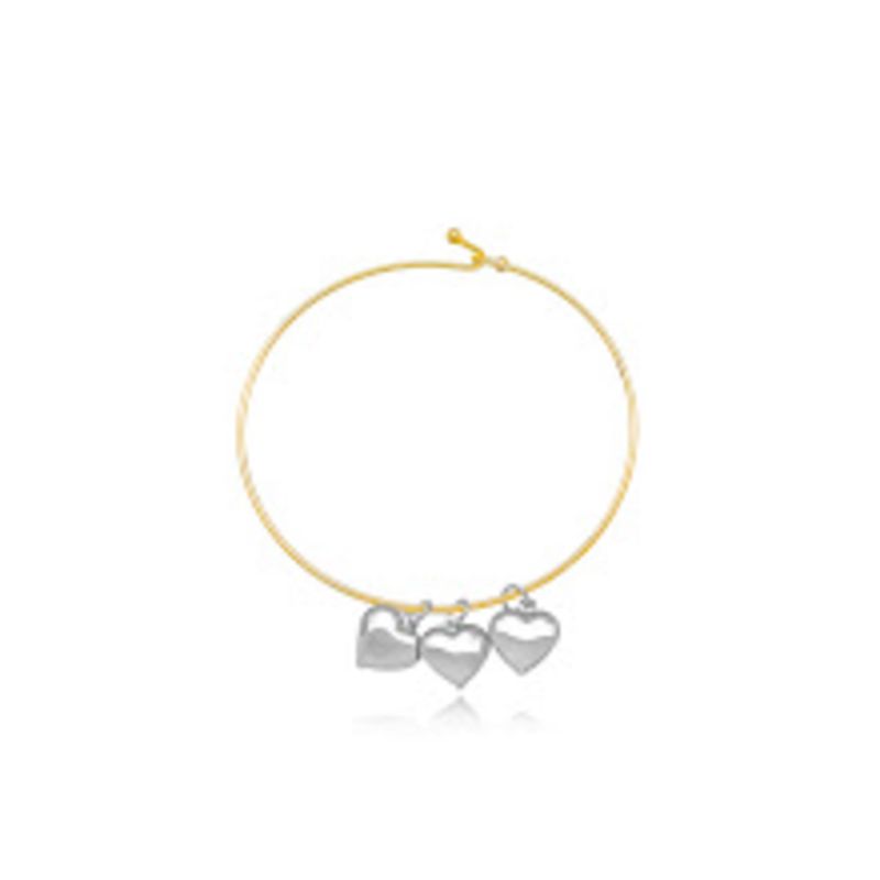 PULSEIRA BRACELETE TRÊS CORAÇÕES LISOS EM BANHO DE OURO 18K E RÓDIO BRANCO