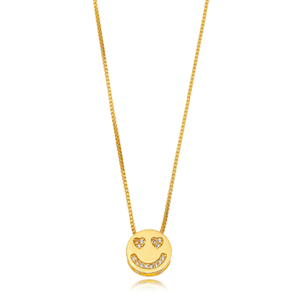 COLAR VENEZIANA COM PINGENTE SMILEY CORAÇÃO -  BANHO DE OURO 18K