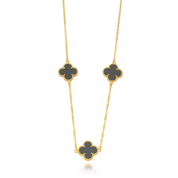 COLAR CHOKER TREVOS EM RESINA PRETA - BANHO DE OURO 18K