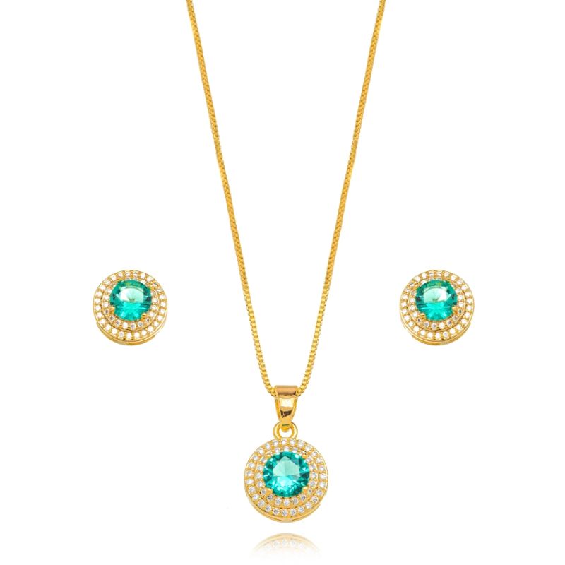 CONJUNTO REDONDO MICRO ZIRCÔNIA TURMALINA EM BANHO DE OURO 18K