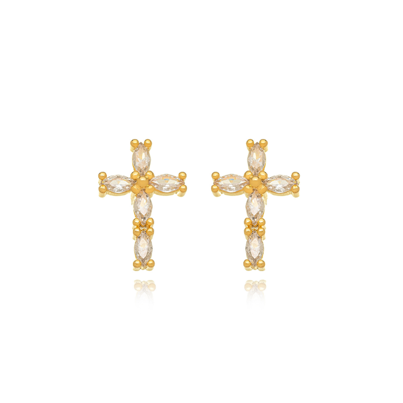 BRINCO CRUZ COM ZIRCÔNIAS NAVETE - BANHO DE OURO 18K