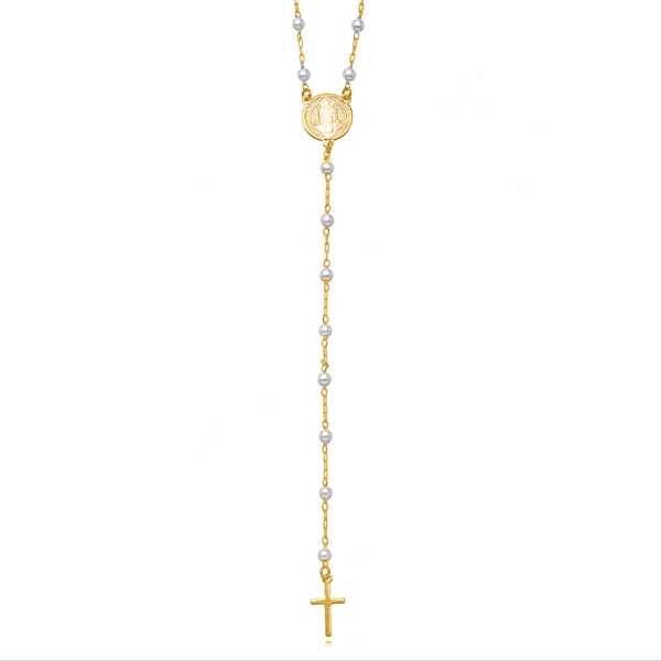 TERÇO COM PÉROLAS E MEDALHA ESPÍRITO SANTO EM BANHO DE OURO 18K