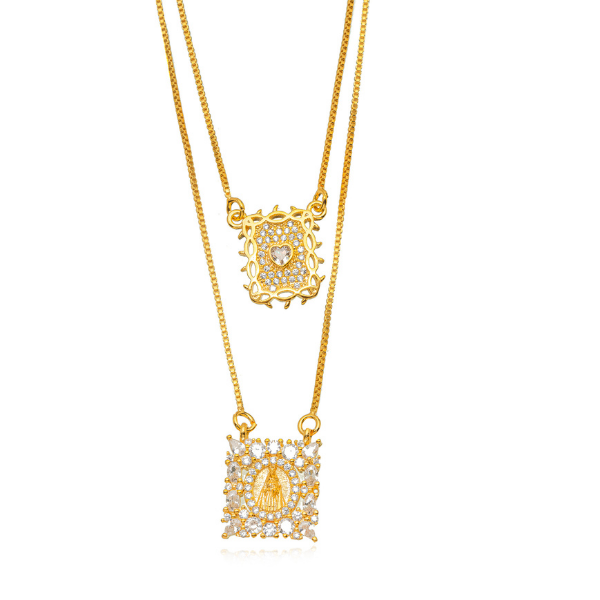 ESCAPULÁRIO NOSSA SENHORA APARECIDA E SAGRADO CORAÇÃO CRAVEJADO EM BANHO DE OURO 18K