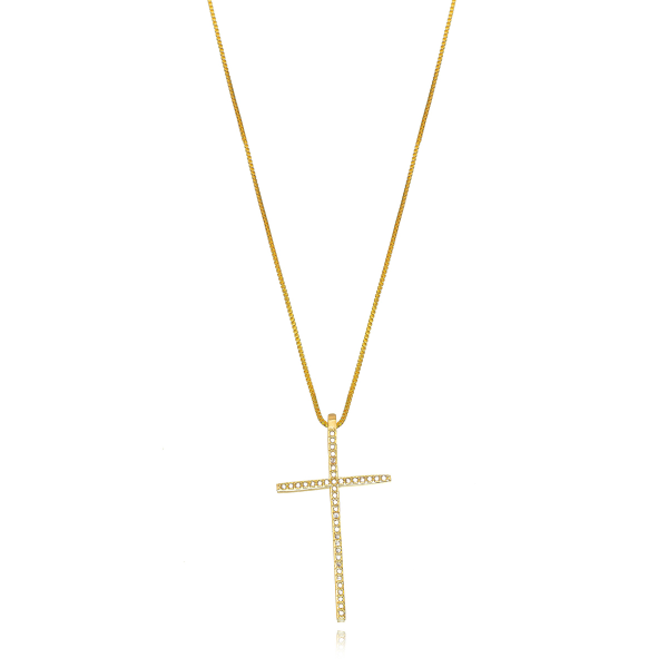 COLAR VENEZIANA COM CRUZ PALITO CRAVEJADA EM BANHO DE OURO 18K