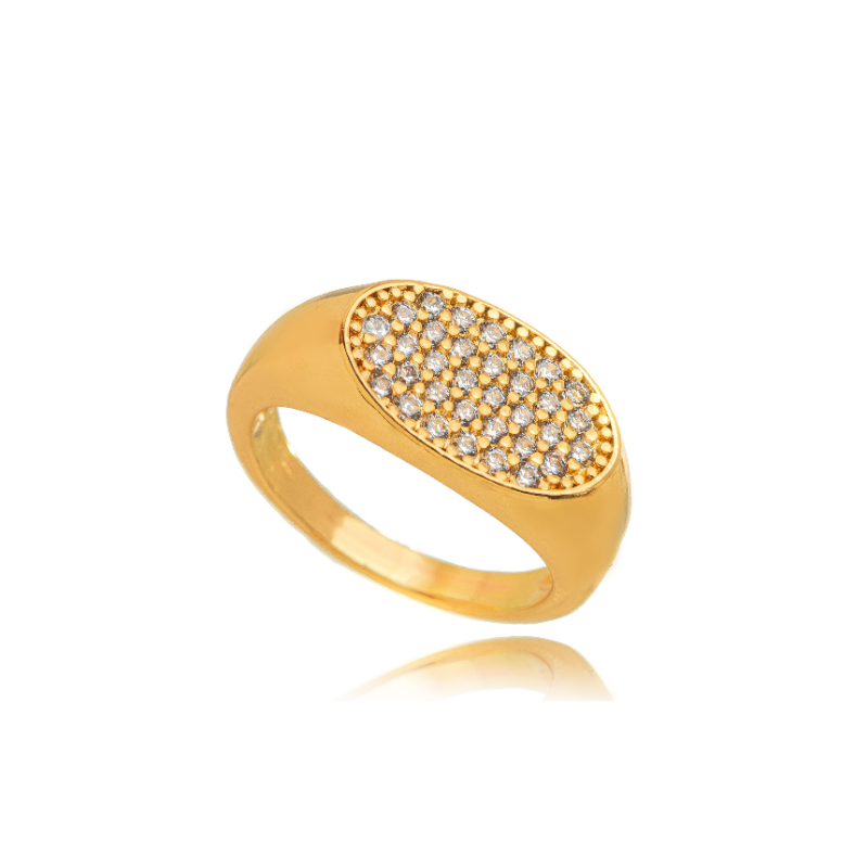 ANEL CHAPA OVAL CRAVEJADO PAVÊ EM BANHO DE OURO 18K