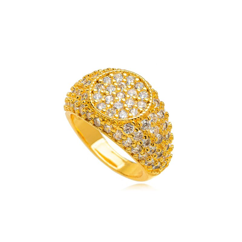 ANEL LUXO COM DESIGN CONVEXO E CRAVAÇÃO PAVÊ EM BANHO DE OURO 18K