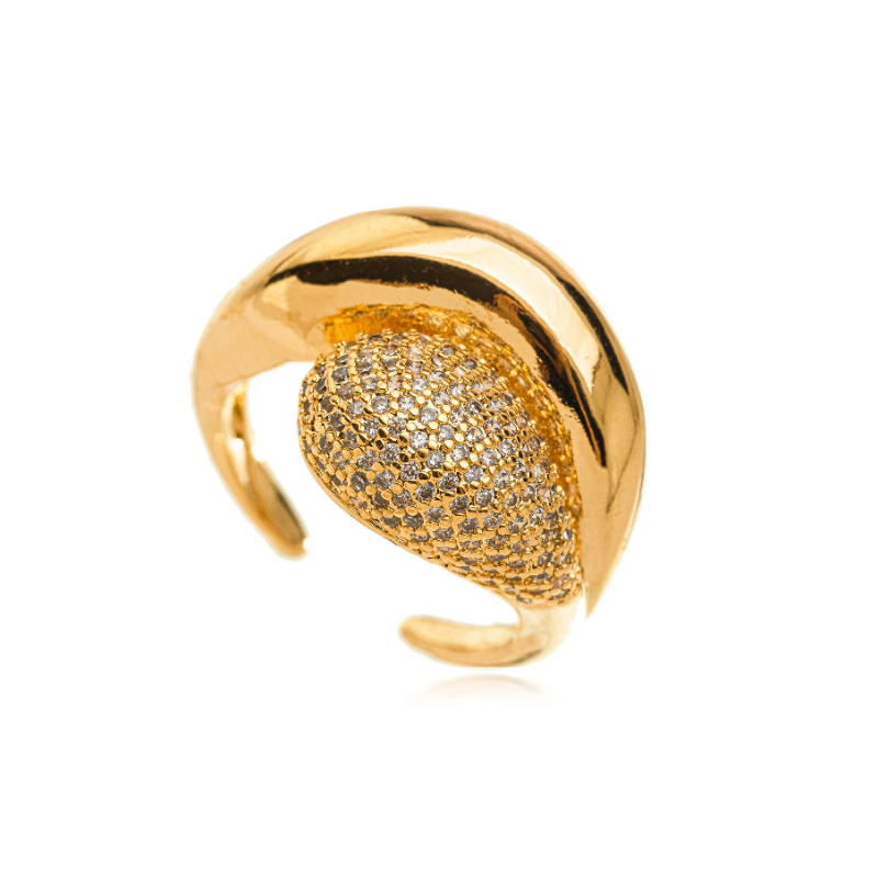ANEL LUXO GOTA CRAVEJADA E ARCO DE PROTEÇÃO GOLD EM BANHO DE OURO 18K