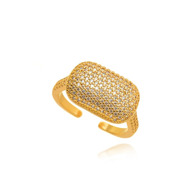 ANEL RETANGULAR PAVÊ CRAVEJADO EM BANHO DE OURO 18K