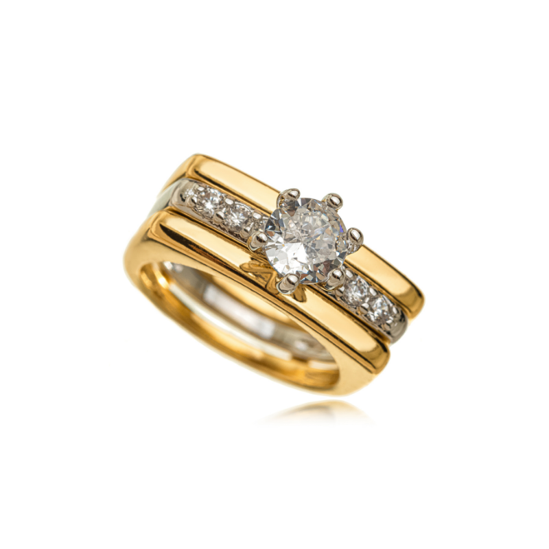 ANEL TRIPLO SOLITÁRIO EM BANHO DE OURO 18K E RÓDIO BRANCO