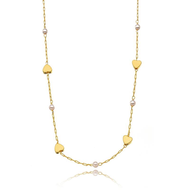 COLAR CORRENTE CARTIER COM CORAÇÕES E PÉROLAS -  BANHO DE OURO 18K