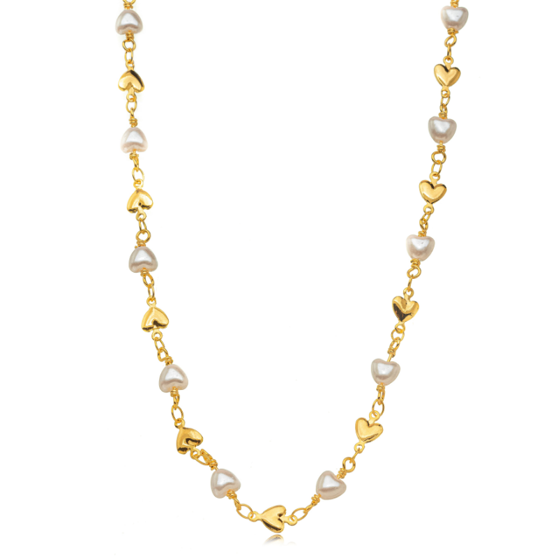 COLAR CHOKER ELO CORAÇÃO INTERCALADO COM PÉROLAS - BANHO DE OURO 18K