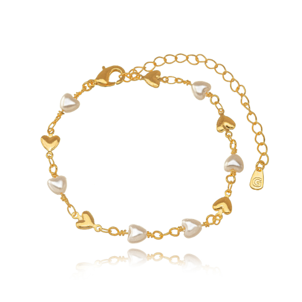 PULSEIRA ELO PORTUGUÊS CORAÇÕES E PÉROLAS - BANHO DE OURO 18K